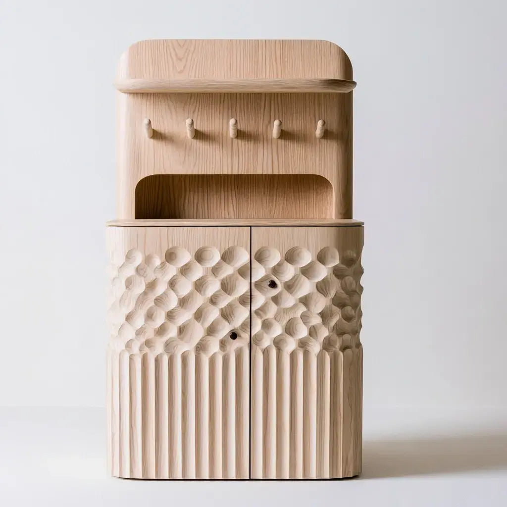 Aparador con puertas en relieve y estantes altos - beige