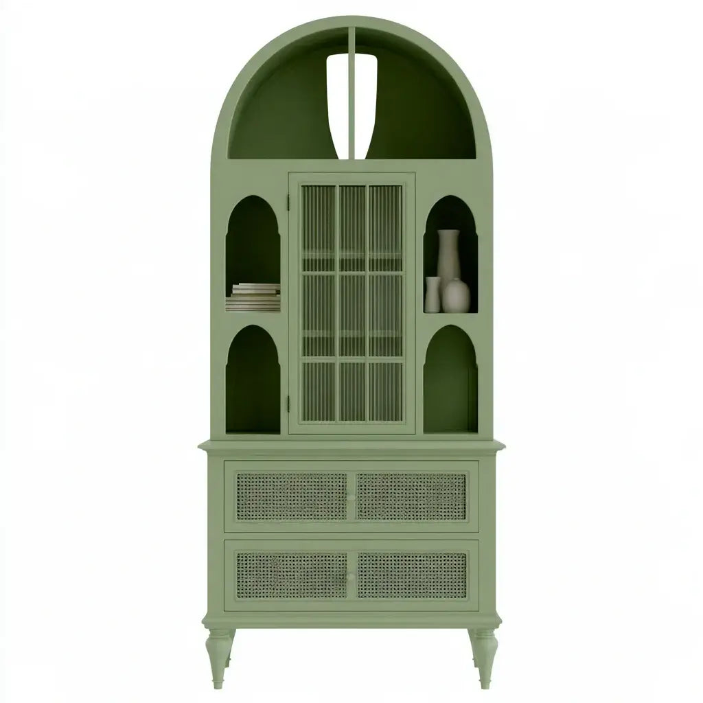 Vitrina con remate arqueado y paneles de rejilla - verde
