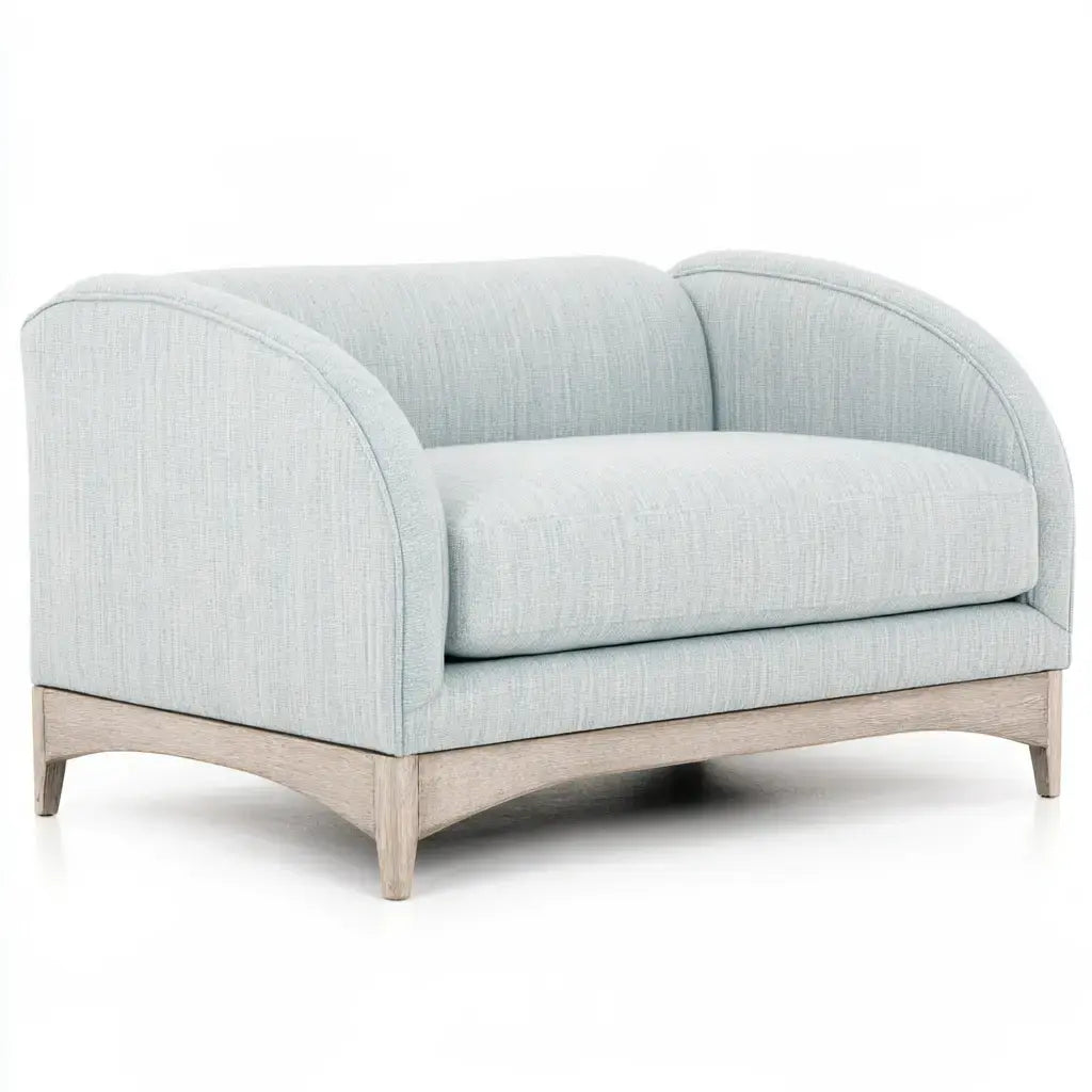 Sofá con respaldo envolvente y base arqueada - azul/beige