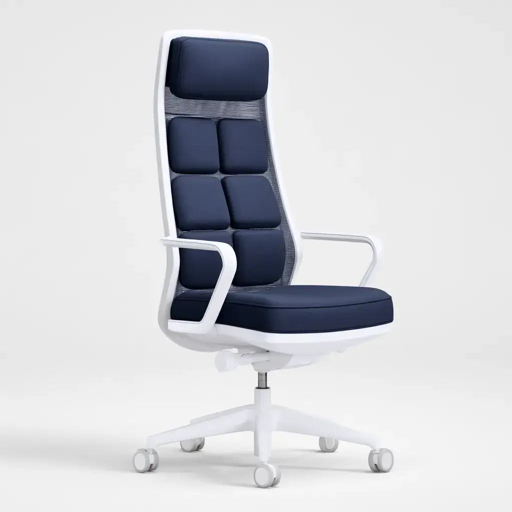 Silla de oficina con respaldo segmentado y base con ruedas - azul/blanco