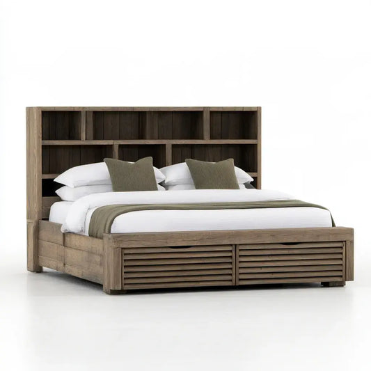 Cama con cabecero de estantes y base estriada - marrón