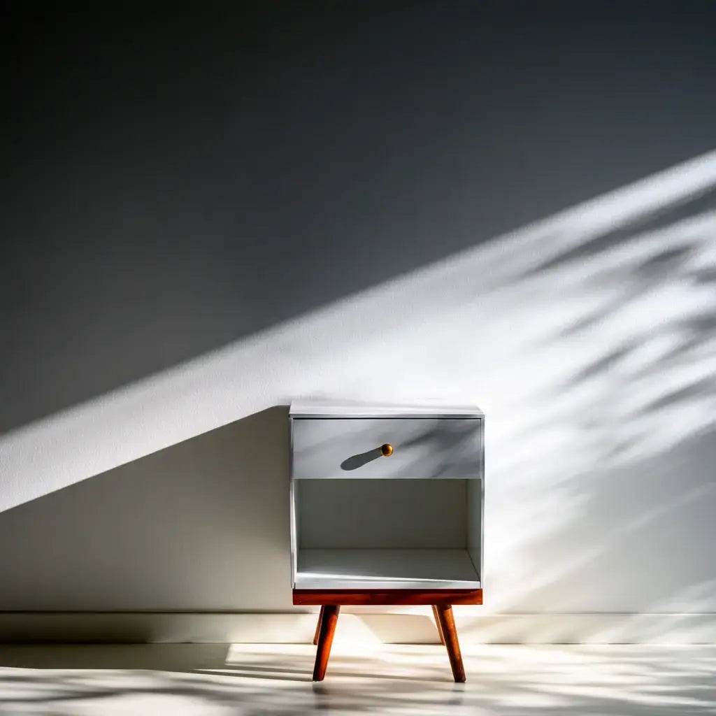 Mesita de noche con cajón claro y base elevada - gris/marrón