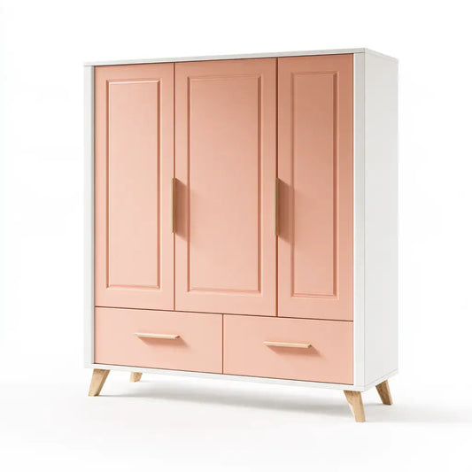 Armario con tres puertas y cajones bajos - rosa/blanco