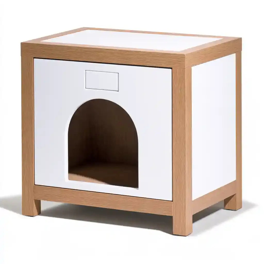 Caseta para gato con estructura cuadrada y entrada arqueada - blanco/marrón