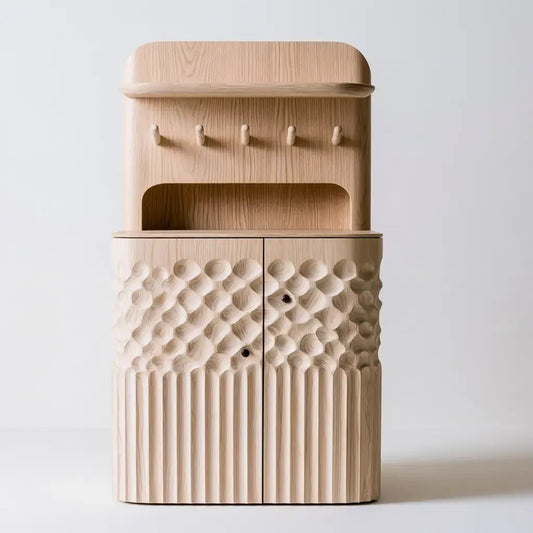 Aparador con puertas en relieve y estantes altos - beige