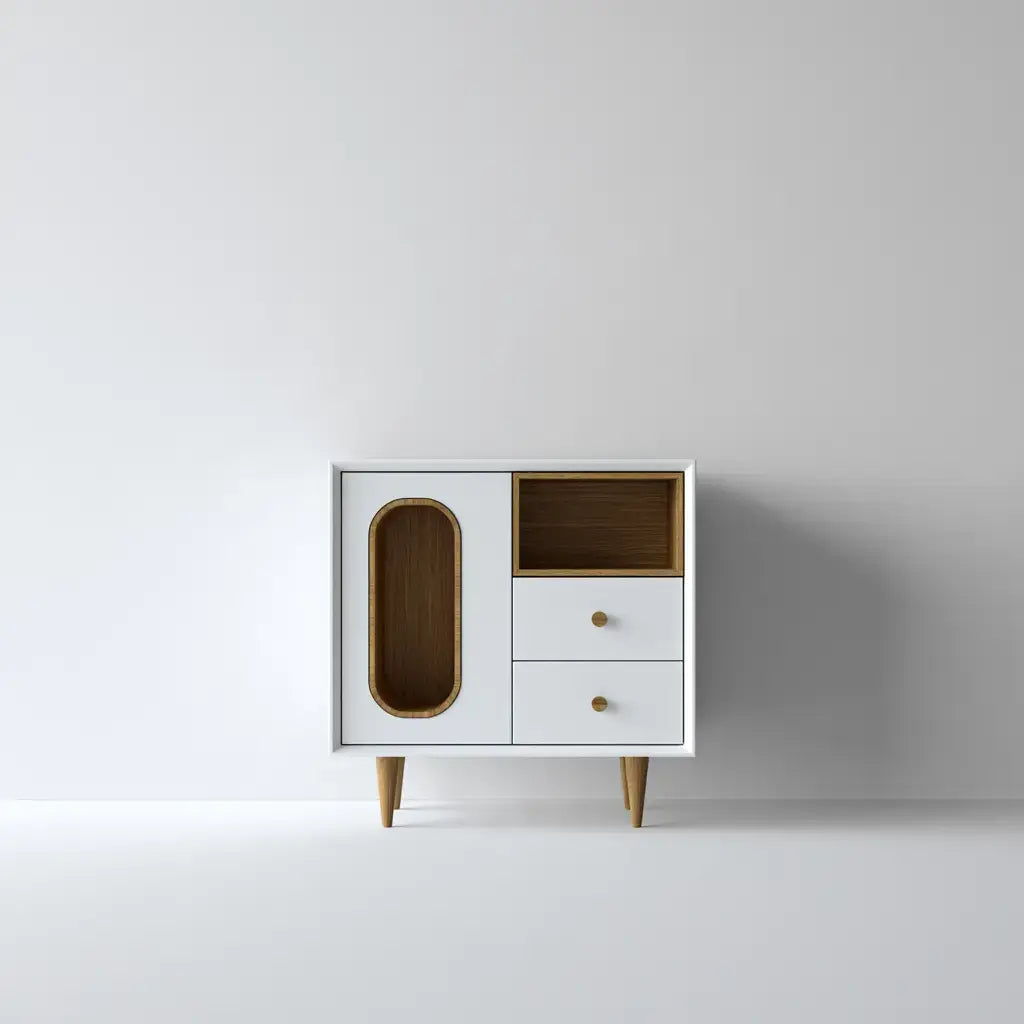 Mesita de noche con puerta lateral y cajones claros - beige/blanco