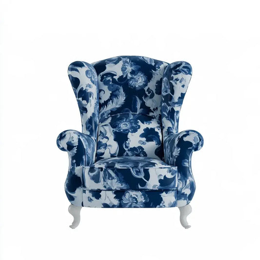Sillón orejero con estampado floral - azul/blanco