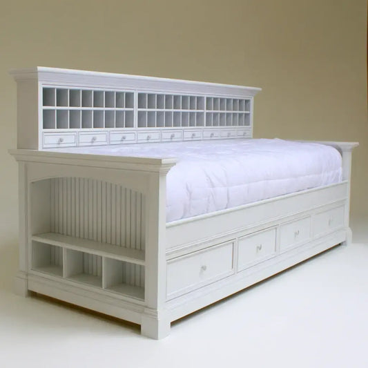 Cama con cabecero de rejilla y cajones bajos - blanco