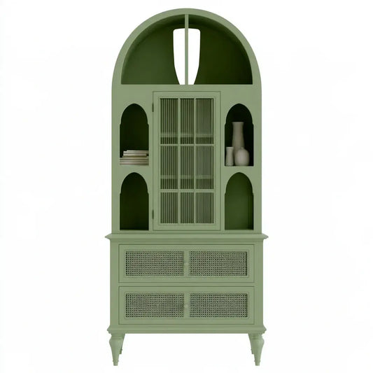 Vitrina con remate arqueado y paneles de rejilla - verde