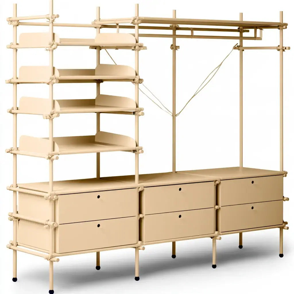 Perchero con estantes laterales y cajones bajos - beige